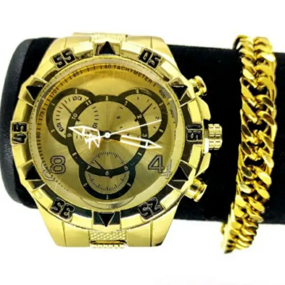 Relógio Dourado aprova d'água  Masculino kit Relógio +Pulseira bonho ouro.