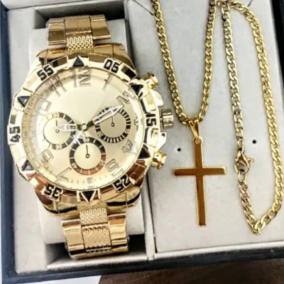 Conjunto Relógio + Corrente Pingente e Pulseira Masculino