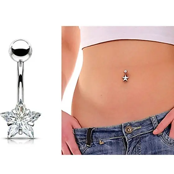 Kit 2 Piercing Cristal Estrela Umbigo Aço Cirúrgico Antialérgico Prata/Dourado
