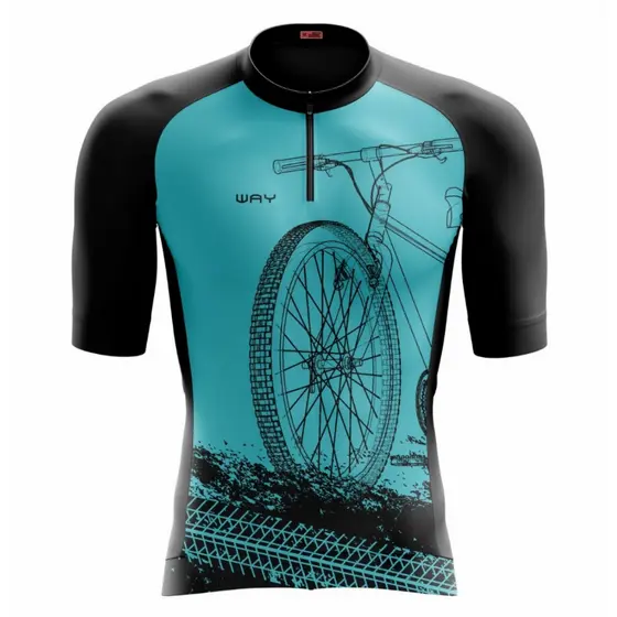 Camisa Camiseta de Ciclismo Masculina Manga Curta Proteção UV Bike Roda Azul Zíper Roupa Pedal Mtb