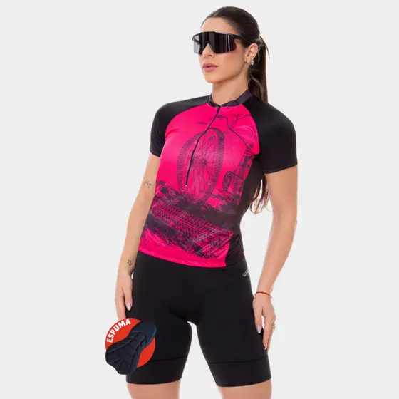 Conjunto de Ciclismo Feminino Camisa Bike Roda Rosa e Bermuda Espuma
