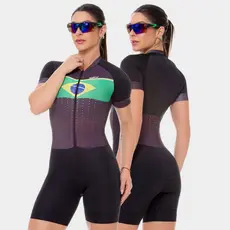 Macaquinho Ciclismo Feminino Macacão Forro Espuma Acolchoado Preto Brasil Bike Pedal Mtb