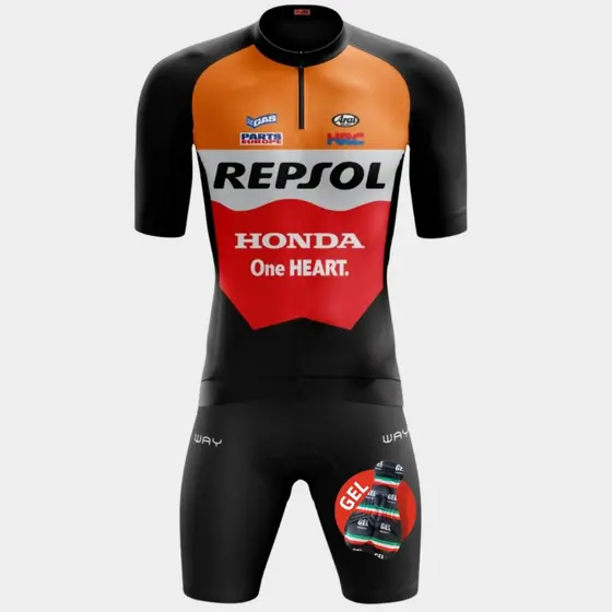 Conjunto de Ciclismo Masculino Camisa Repsol Bermuda Gel Equipe Slim Com Bolsos Confortável
