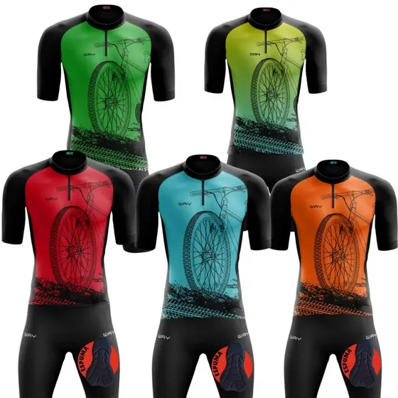 Conjunto Ciclismo Masculino Camisa Bike Roda Azul Verde Laranja Pro Camiseta e Bermuda Forro Espuma