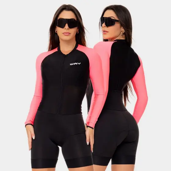 Macaquinho Ciclismo Feminino Manga Longa Acolchoado Slim Macacão Bike Mtb