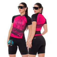 Conjunto de Ciclismo Feminino Camisa Bike Roda Rosa Pro e Bermuda de Gel
