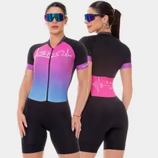 Macaquinho de Ciclismo Feminino Macacão Forro Espuma Manga Curta Rosa Roxo Roupa Bike Pedal Mtb