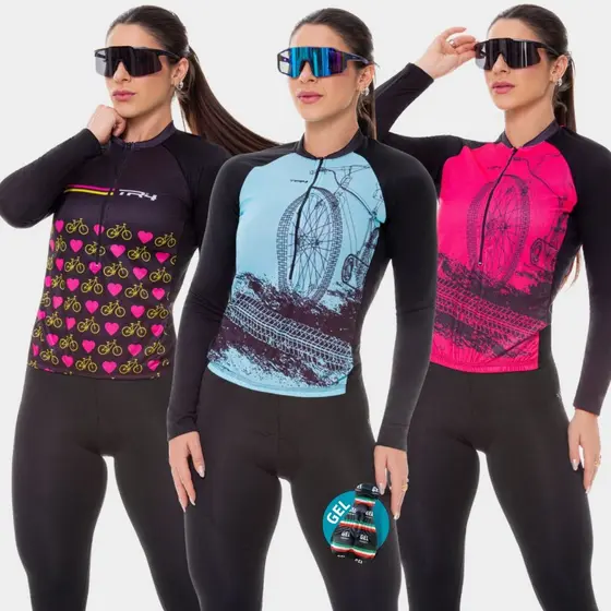 Conjunto Ciclismo Feminino Modelos de Inverno Camisa Blusa Manga Longa Calça Forro Gel Uv50 Mtb