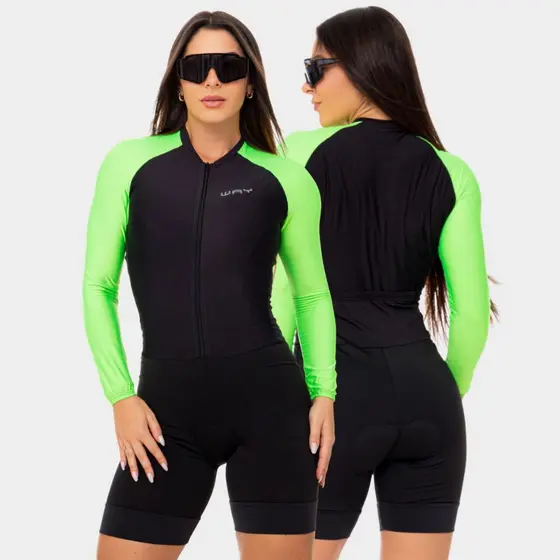 Macaquinho Ciclismo Feminino Manga Longa Preto com Verde Acolchoado Slim Macacao Bike Mtb