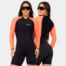Macaquinho Ciclismo Feminino Manga Longa Preto com Laranja Acolchoado Slim Macacao Bike Mtb