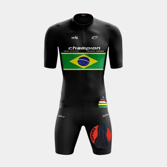 Conjunto de Ciclismo Masculino Camisa Brasil Preta Pro e Bermuda Espuma
