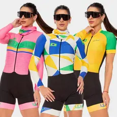 Macaquinho Macacão Ciclismo Feminino Brasil Manga Curta Manga Longa Roupa UV50+ Bike Pedal MTB Speed