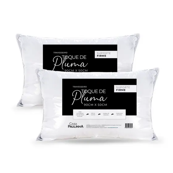 Kit 2 Travesseiros Pluma em Percal 180 Fios Firme Alto e Confortável 90cm x 50cm