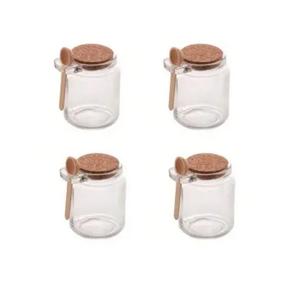 Kit 4 Potes de Vidro com Tampa de Rolha e Colher de Bambu 250ml Saleiro Açucareiro