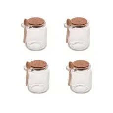 Kit 4 Potes de Vidro com Tampa de Rolha e Colher de Bambu 250ml Saleiro Açucareiro
