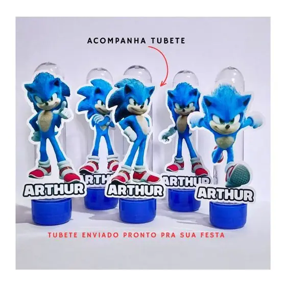 Tubete Personalizado Sonic - Aplique Sonic 3D, Tubete para lembrancinhas, brinde, decoração, festas e aniversários