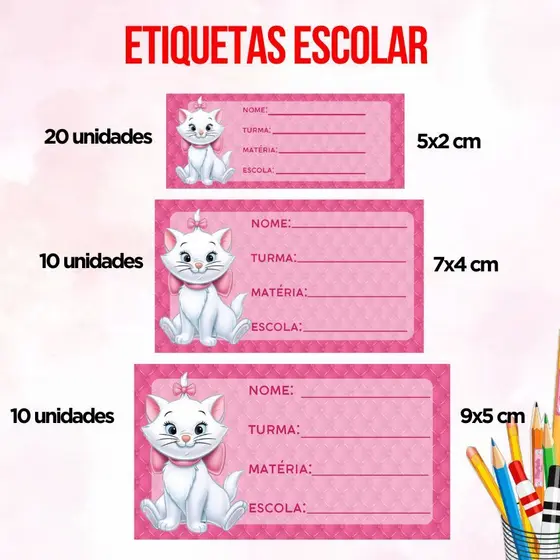 Kit 40 Etiquetas Escolar Gatinha Marie - Volta as Aulas ~ Etiquetas Adesiva Escolar Personalizado