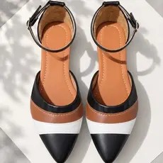 Salomé sapatilha sapato feminino aberta bico fino bicolor preto branco caramelo calçados moda enfeite