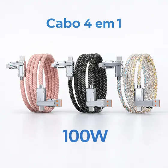 Cabo de Carregamento 100W Ultra Rápido 4 Em 1 Celular 480 MPS Type-C Lightning USB Android Apple