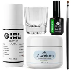 Kit Alongamento de Unha Acrílico com Pó 30g Líquido 75ml Primer Pincel e Dappen