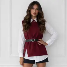 Conjunto Camisa E Colete Tricot Com Cinto Elegante Para Looks Sofisticados