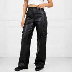 Calça Feminina Wide Leg Cargo Couro PU Moda Outono Inverno