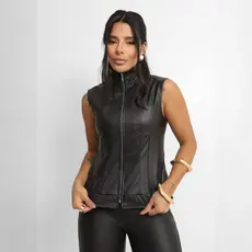 Colete Feminino Couro Fake Virgínia com Zíper Frontal Gola Alta