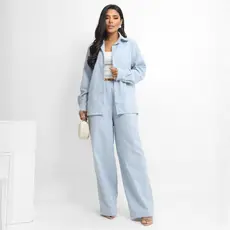 Conjunto Feminino Linho Calça e Camisa Manga Botões
