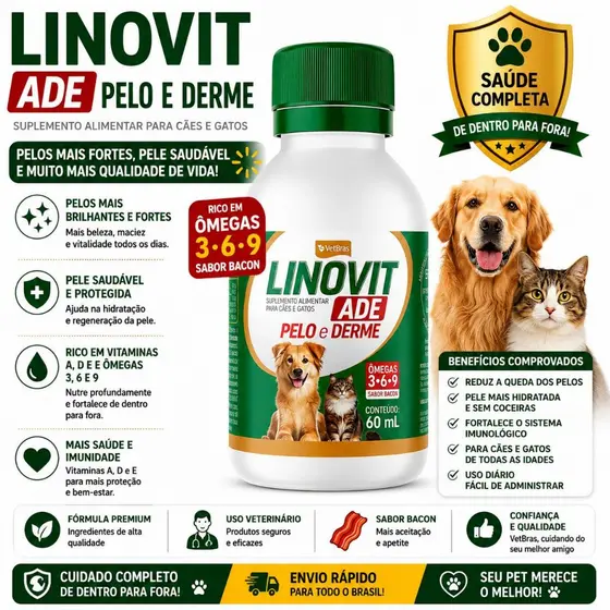 Linovit Suplemento Vitaminico Para Cães e Gatos 60ml Sabor Bacon