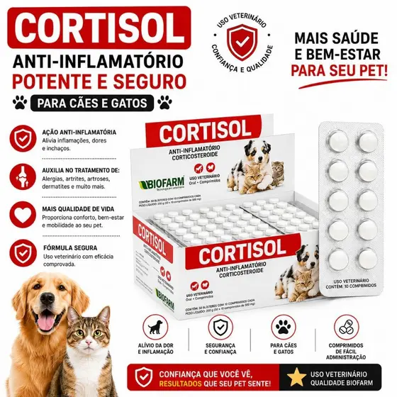 Cortisol Anti-inflamatório Pet | Dermatite Cães e Gatos | 10 comprimidos | Biofarm