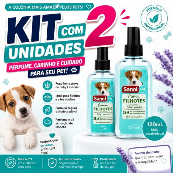 Kit C/2 Colônia Perfume Sanol filhotes Baby lavander para Cachorro Cães Pet Shop Dog 120 ml cada