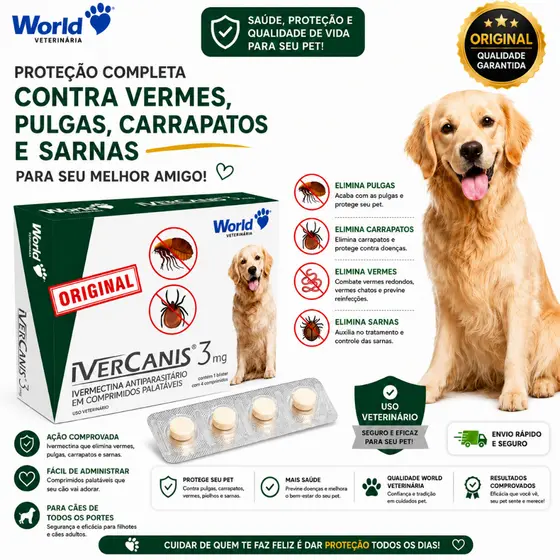 Remedio para carrapato, pulgas e sarna Ivercanis 3mg C/4 Comprimidos - World
