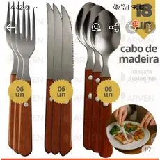 Kit 18 Talheres de Cozinha Inox Cabo de Madeira 6 Garfos + 6 Facas + 6 Colheres de Mesa