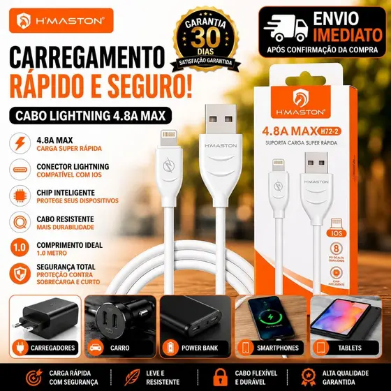 Cabo USB iPhone Lightning H`MASTON 4.8A MAX Carregamento Rápido 1 Metro Compatível iPhone 6 ao 14