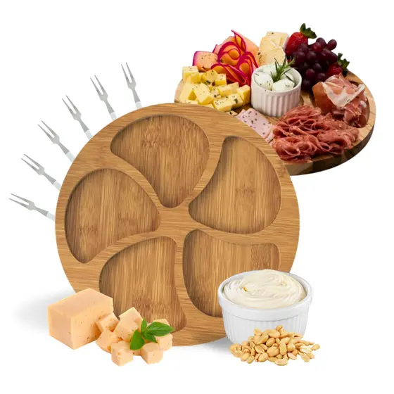 Kit Petisqueira Redonda com 5 Divisórias, Molheira Ramekin e 6 Garfinhos para Servir Frios, Queijos, Petiscos e Molhos