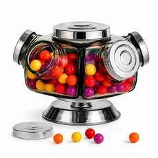 Baleiro Giratório de Vidro 5 Gomos Prata Bomboniere Retro Decoração Premium para Doces Balas Petiscos Mesa Posta, Festas