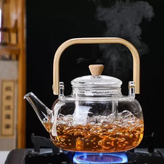 Chaleira Vidro Borossilicato com Alça de Bambu 1000ml DIRETAMENTE AO FOGO/Fogo de Indução