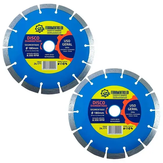 2 Disco Diamantado de Corte 7" 180mm Segmentado 22mm LDI P/ Alvenaria Concreto