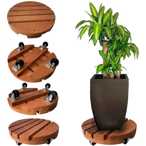 Suporte Carrinho Para Vaso Gás Botijão 30c Redondo Madeira Tratada Cedro +4 Rodinhas
