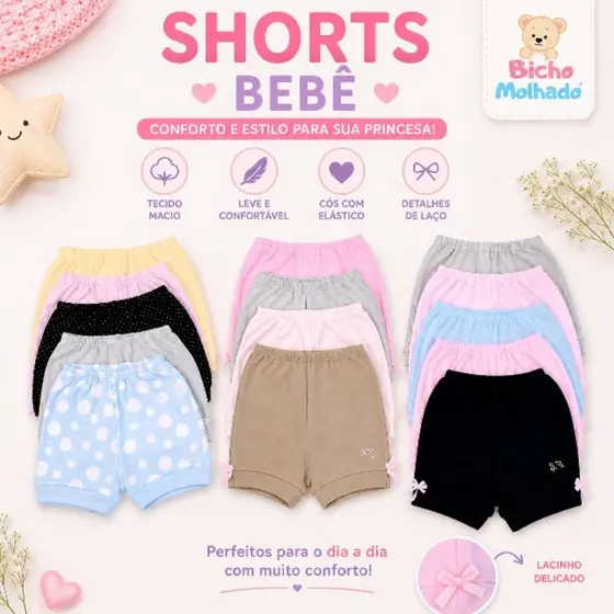 Short Bebê Feminino em Sued 100% Algodão Bicho Molhado