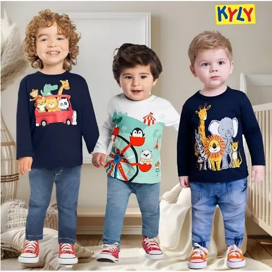 Camiseta Bebê Manga Longa em Meia Malha Safari Kyly