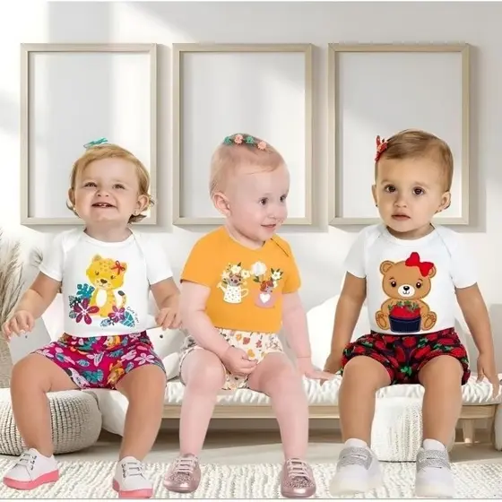 Conjunto Bebê Menina Body Cotton + Shorts em Meia Malha Kyly