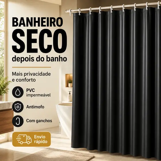 Cortina Box de Banheiro PVC Visor Ganchos Impermeável Antimofo 1,38m X 1,98m