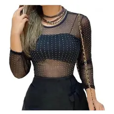 Conjunto Feminino Body Tule Manga Longa Pedraria Cropped Faixa Renda Alça Fina