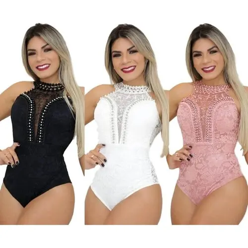Body Renda Rendado Frente Única Decote V Pérolas E Guippir
