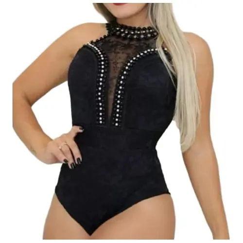 Body Renda Rendado Frente Única Decote V Pérolas E Guippir