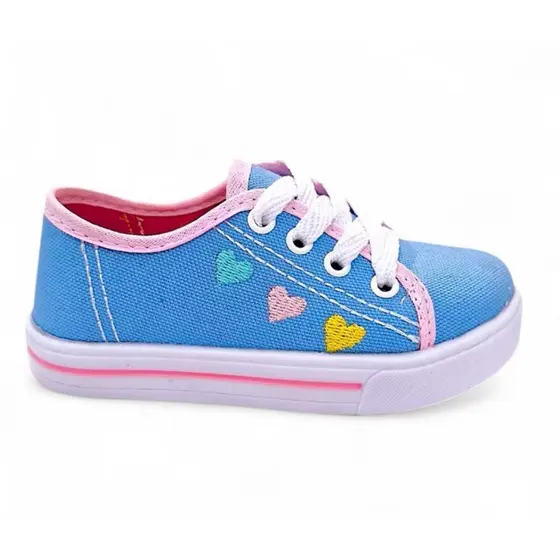 Tênis Infantil para Crianças Feminino de amarrar Confortável e Casual, Ideal para Escola com Bordado de Coração Colorido