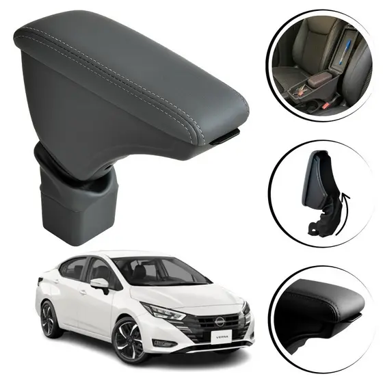 Apoio de Braço Encosto Descanso Com Porta Objetos Articulado Para Nissan Versa 2020 em diante - PRETO / CINZA / GRAFITE