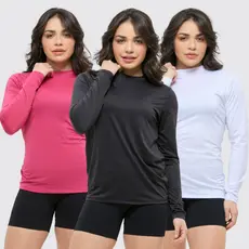 Kit 3 Camisa Térmica Feminina Proteção Uv 50+ Segunda Pele Camiseta Malha Fria Manga Longa UV