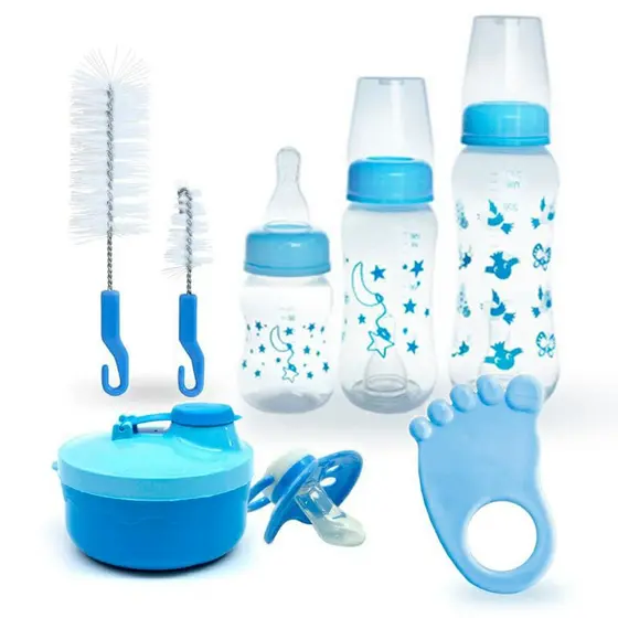 Kit bebê completo - Escova lavar mamadeira + Porta leite + Mordedor + Conjunto 3 mamadeira + Chupeta